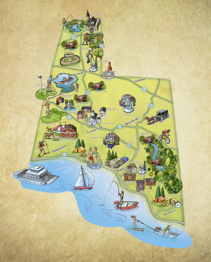 Destination map from Brown County Ohio Chamber of Commerce highlighting tourist attractions